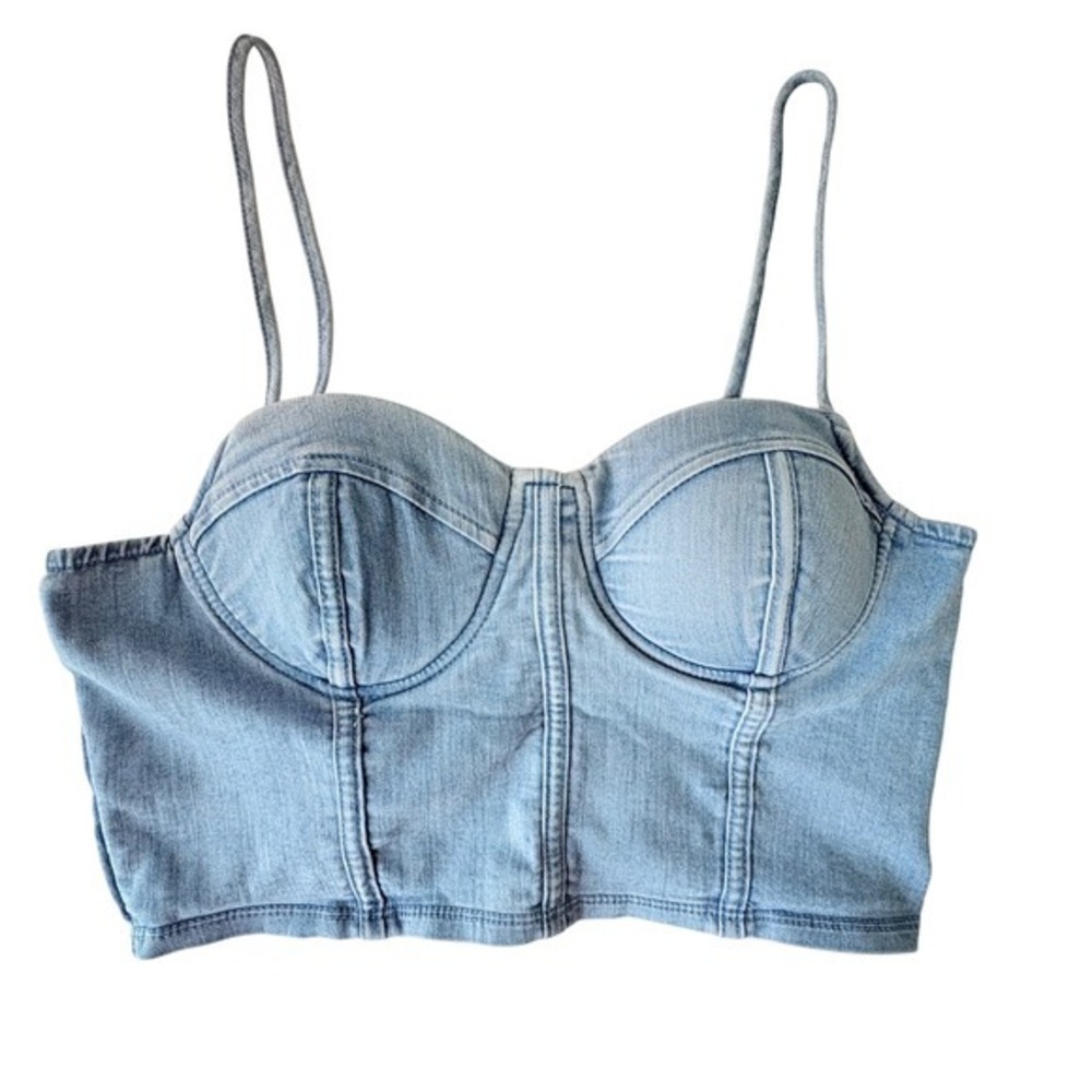 Haute Mode Light Wash Denim Bustier Corsetโ Crop Top Underwire Sweetheart Y2K
